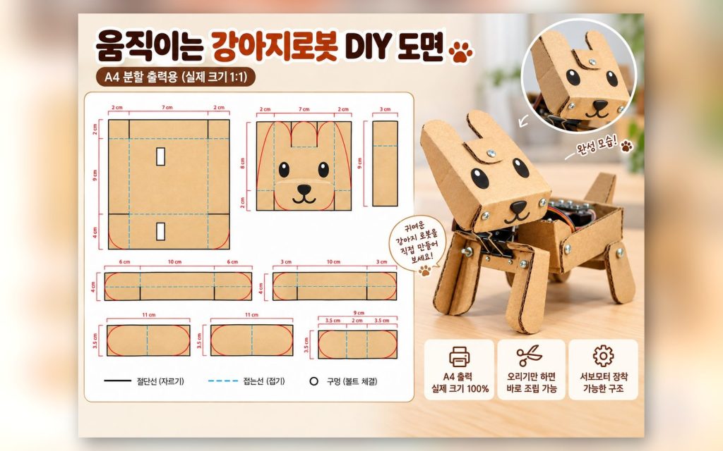 움직이는 강아지로봇 DIY 도면 - 골판지 강아지 로봇 PDF 즉시 다운로드